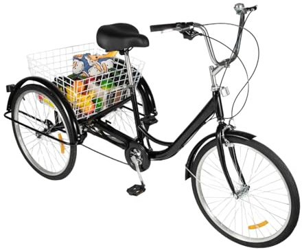 Mqwdxzfes 24 tum 8-växlad trehjuling för vuxna, 3-hjulscykel med stor shoppingkorg, utomhuskörning trehjuling höjdjusterbar seniorcykel lastcykel för vuxna seniorer (svart)