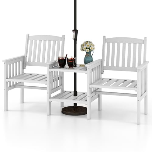 COSTWAY Trädgårdsbänk med bord, 2-sitsig träbänk med paraplyhål, sittbänk av granträ kan belastas upp till 330 kg, terrassbänk för balkong, trädgård, terrass, 165 x 60 x 88 cm (vit)