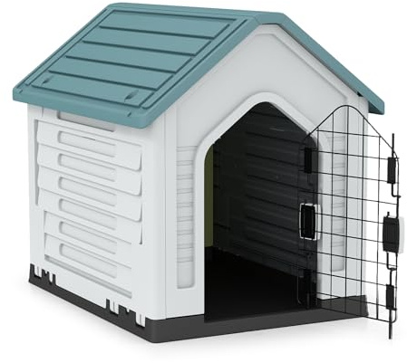 GYMAX Niche pour Chien avec Porte Métallique Verrouillable, Toit Incliné Anti-Accumulation d'eau, Bonne Ventilation, Abri en Plastique pour Animaux Convient pour Intérieur et Extérieur (Bleu)