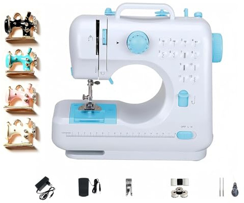 Macchina da cucire elettrica 505A, 12 punti, macchina da cucire domestica con ciondolo smaltato placcato oro in 4 colori, due velocità, ideale per bambini, adulti, principianti, blu