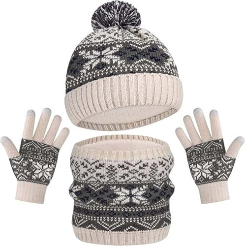 Ensemble bonnet écharpe et gants d'hiver pour enfants, bonnet épais et moelleux en tricot thermique pour tout-petits bonnets à pompon cache-cou et gants pour enfants de 3 à 10 ans (A2)