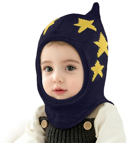 AYPOW Barn slip-mössa baby flickor pojkar varm vintermössa termo fleece fodrad vindtät stickad mössa söt beanie mössa med sjalar balaclava huva loop för småbarn utomhus, blå, En Storlek