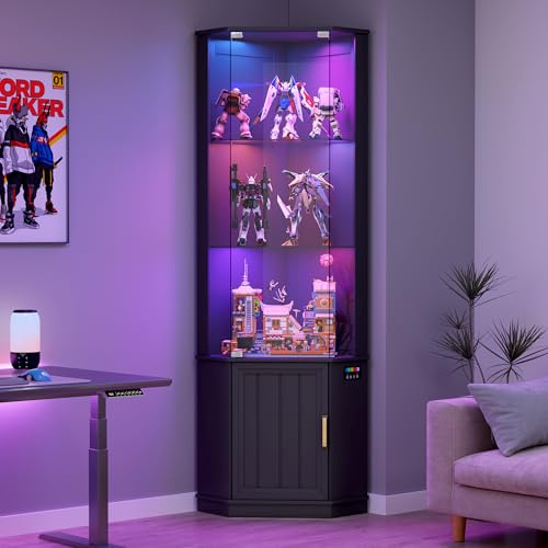 175cm Vitrina de Esquina con Iluminación RGB para Coleccionistas,Negro