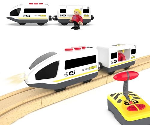 Battery Operated Train Set for Wooden Tracks, Remote Control Train Toy for Kids, Motorized Trains with Powerful Engine and Bullet Cars Compatible with Thomas, Brio