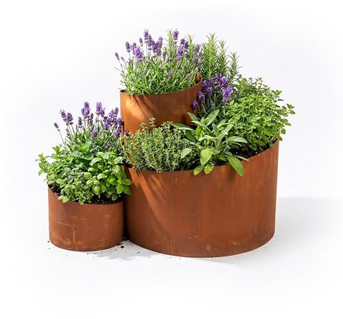 Relaxdays Herb Spiral, H x W x D: 43 x 61 x 41 cm, 3 Segments, Rust, Steel, Herb Pyramid Garden, Herb Bed, Brown