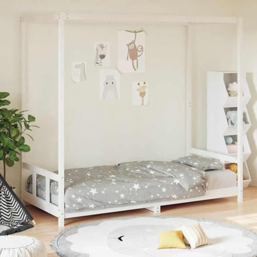 Lit pour enfant blanc en pin massif 90 x 190 cm avec sommier à lattes et design baldaquin, lit stable pour chambre d'enfant fille et garçon, convertible avec espace de rangement et protection contre