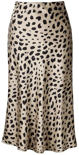 Soowalaoo High Waisted Leopard Midi Length Skirt Hidden Elasticized Waistband Silk Satin Summer Casual Trendy Ladies Skirts S