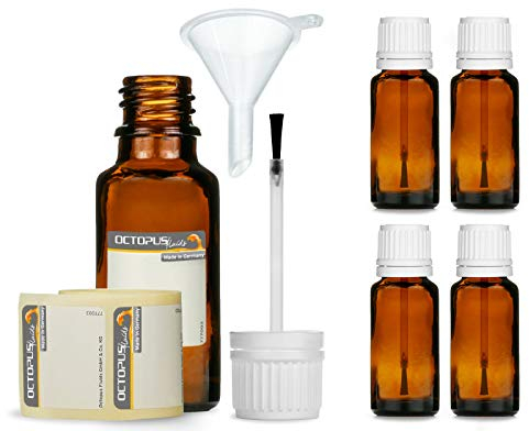Octopus 5 flacons à Pinceau de 20 ML avec Pinceau monté, Flacon en Verre Brun avec Bouchon Pinceau, Flacon à Vernis à Ongles, par ex. pour Vernis, peintures, colles, huiles