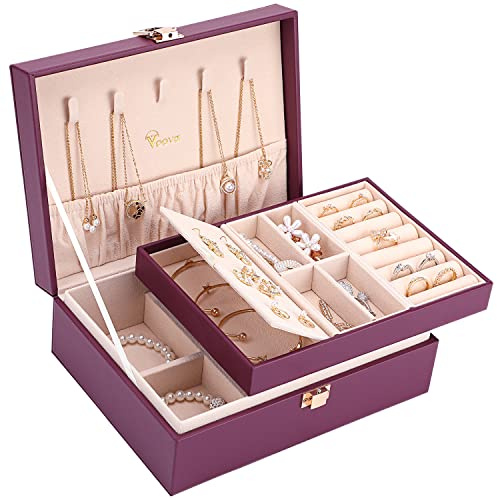 Voova 2-Layer Jewelry Box Organizer, Jewellery Storage Case Purple | PU Leather Jewlerrying Display Holder for Women Girls with Removable Tray Ring Earring Bracelet Necklace Holder