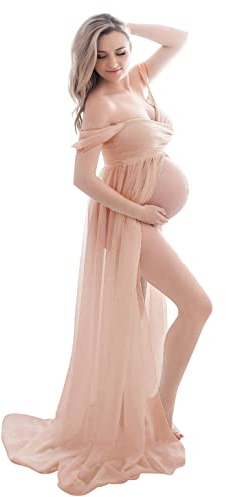 FEOYA - Damen Umstandskleider für Fotoshooting Elegante Schwangerschaftskleidung Umstandsmode Front Split für Fotografie Requisiten Sommer Langer Umstandsrock Chiffon für Mutter Geschenke - Rose - XL