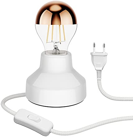 ledscom.de Porslinsbordslampa TIX, rund, plugg, strömbrytare, vit + LED-lampa, 839lm, varm vit