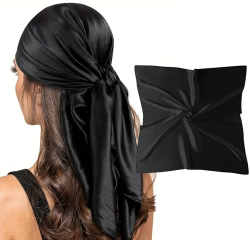 vimate Black Silk Feeling Scarf, 35'' Square Retro Soild color Satin Headband Scarf for Hair Wrapping at Night (Black)