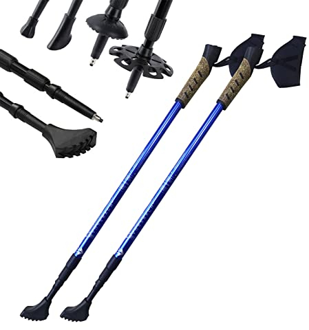 Alu Nordic Walking Teleskop Stöcke inkl. 12 Aufsätze Wanderstöcke Trekkingstock Aluminium Trekking Wander Gehstock (Blau)