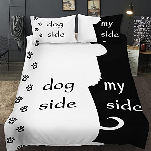 AOXHFNV Ensemble de linge de lit de la série en blanc et noir avec motif chien et mon côté, housse de couette et couvre-lit pour couple, couleur blanc et noir (220 x 240 cm, côté chien)