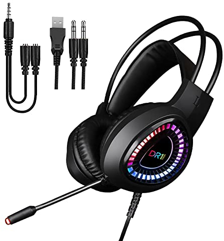 DR1TECH FireScout+ Auriculares Cascos Gaming con Cable y Micrófono para PC - Auriculares LED Over Ear con Driver 40mm con Audio Estéreo - Dual Jack y USB + Adaptador Incluido