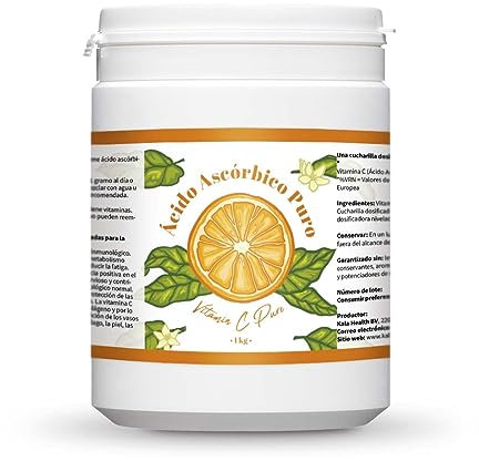 Vitamina C Pura 1kg - Polvo de Vitamina C - Ácido Ascórbico Puro - Suministro para 1000 Días x 1000mg Alta Dosis - Con Cucharita Dosificadora - Vegano