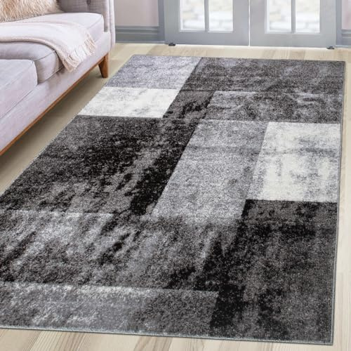 oKu-Tex Teppich Wohnzimmerteppich [160x230 cm] weicher Kurzflor grau meliert - Grauer Teppich für das Wohnzimmer - Carpet Living Room - geometrisches Patchwork Design - Deutsche Marke