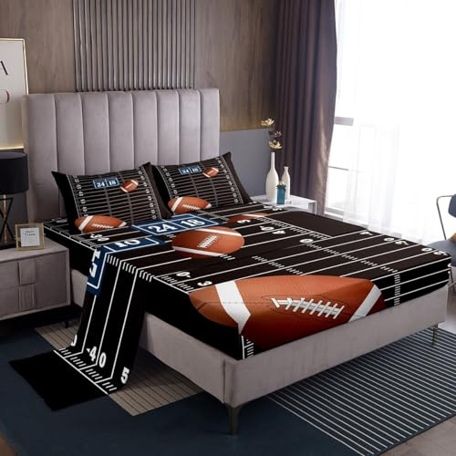 jejeloiu Football Sheet Set Full Size Kids Rugby Sheets with Deep Pocket Fitted Sheet for Boys Girls Teens Football Bed Sheets Set Breathable Sports Theme Black Bedding Set Room Decor