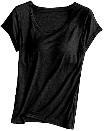 T-shirt à manches courtes pour femme avec soutien-gorge intégré – Hauts rembourrés solides extensibles et confortables à coupe ample pour yoga, athlétisme, gym, sommeil, Noir , XL