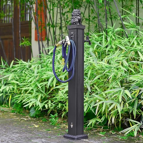 GMBAYUE Garten Wasserhahn Säule, Wasserzapfsäule Edelstahl, Standbrunnen Garten, Außenwasserhahn Frostsicher, Antik-Look, Quadratisch, mit Wasserhahn und Spritzpistole(S)