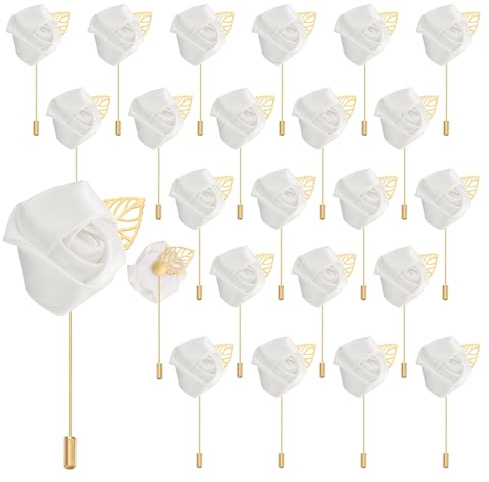 sourcing map 24pcs Pure White Rose Boutonnieres Flower Buttonholes Pocket Boutonnieres Pins for Wedding Ceremony Anniversary Prom Formal Dinner Party