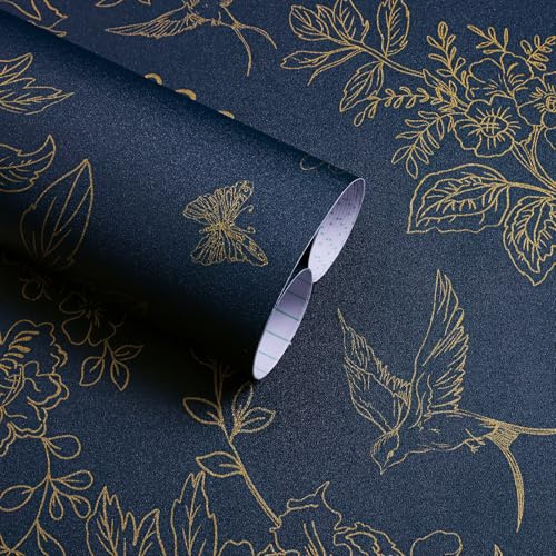 Froluya Dark Blue and Gold Vintage Floral Peel and Stick Wallpaper 17.7x118.1 Dark Blue Floral Wallpaper Peel and Stick Removable Self Adhesive Wall Paper for Bathroom Bedroom Decorative Vinyl
