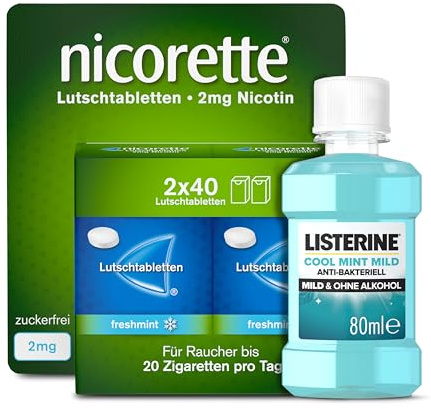 NICORETTE Lutschtabletten mit 2 mg Nikotin freshmint Geschmack + Listerine Cool Mint mild 80ml - diskret mit dem Rauchen aufhören inkl. Mundwasser