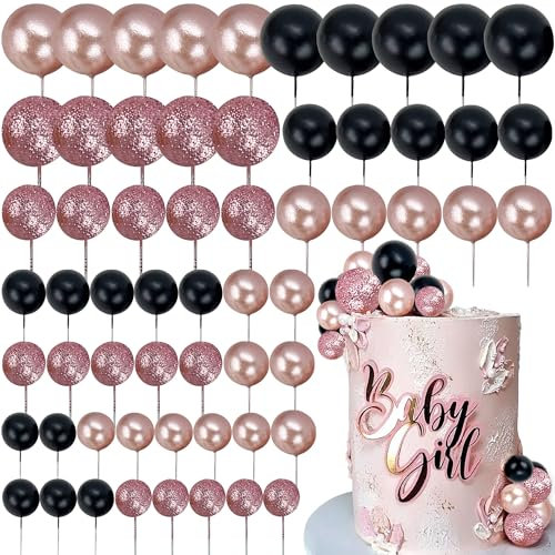 Rose Gold Black Balls Cake Topper Balloons Cupcake Topper DIY Cake Insert Topper Cake Balls Baking Decoration for Wedding Anniversary Birthday