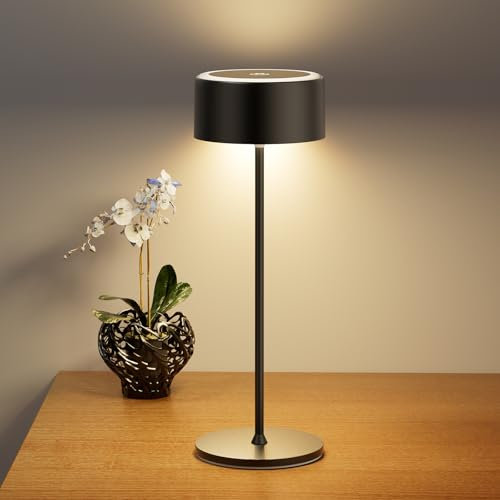 TYEE Tischlampe Kabellose LED Dimmbare Akku Tischleuchte, Wiederaufladbar Warme Lichtfarbe 2200-3000K Tischleuchte Für Innen und Aussen mit USB-C, Aluminium Tischlampe IP54 Wasserdichte, Schwarz