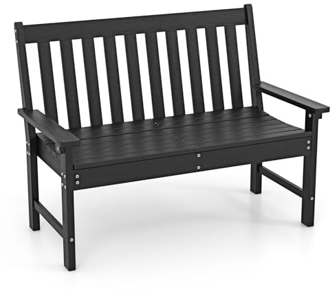 COSTWAY Panchina da Esterno, Panca da Giardino in HDPE Resistente con Schienale e Braccioli, Panchina da Parco, Balcone, Spogliatoio e Cortile, 132 x 65 x 91 cm (Nero)