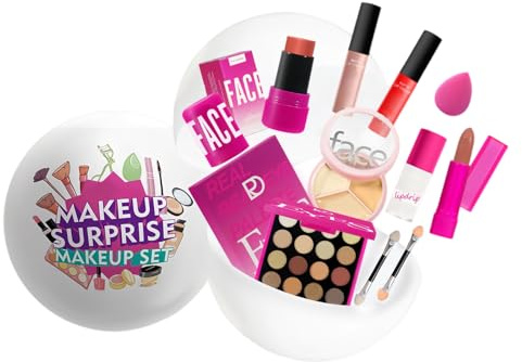 Mini Set de Maquillaje Completo 10 Piezas con Paleta de Sombras 16 Colores, 2 Labiales Líquidos Mate, Barra de Labios, Brillo, Stick de Rubor, Corrector 3 Tonos, Brochas, Esponja, Regalo Mujer Niña