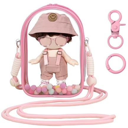 Mrltau Custodia in PVC per Bambole di Peluche Vinile da 15-17 cm, Borsa a Tracolla Trasparente con Pompon, Borsa espositiva Chiara per Trasporto e conservazione di Bambole di Peluche in