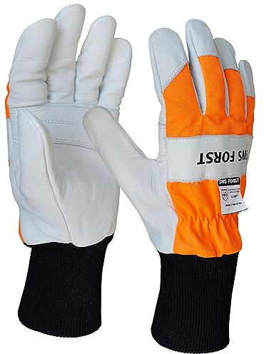 SWS Forst GmbH Schnittschutzhandschuh aus Leder Forsthandschuh Lederhandschuh Klasse 1 20 m/s weiß/orange Gr.M