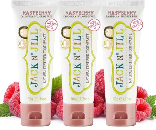 Jack N' Jill Natural Toddler Toothpaste - Fluoride Free Training Toothpaste for Toddlers 1-3, 40% Xylitol, BPA Free - Raspberry, 1.76 oz (Pack of 3)