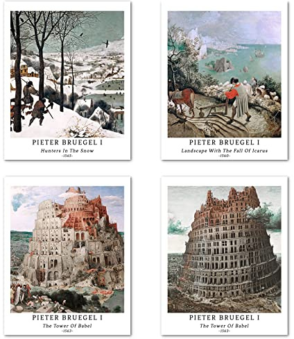 Konsttryck utan ram, klassiskt landskap, bilder i set med 4 delar, affischstorlek: 20 x 25 cm premium-konstpapper, väggdekoration, modern gul, underbart passande collage-dekoration, Pieter Bruegel den
