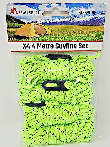 ESW LEISURE Guyline-rep 4-pack för tält markis camping stark lätt paracord kille-rep med spännare kille linjer fiske paraply husvagn lusthus (lysande grön och svart, 4 meter 4-pack)