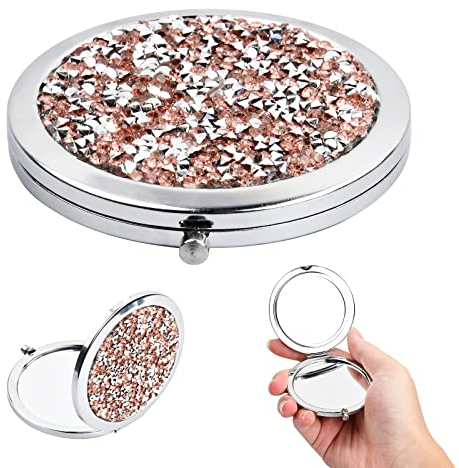 Trucco Specchio Compatto Portatile, Mini a Doppia Faccia Con Diamanti, Specchio Rotondo da Borsetta, 70mm Tascabile (Rosa)