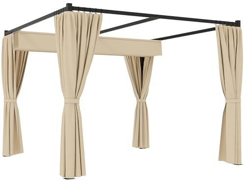 Outsunny Gazebo Pergola 3x3 m con Pareti Laterali e Tetto Retrattile, Gazebo da Esterno in Metallo e Poliestere 180g/㎡, Per Giardino, Terrazzo e Attività Commerciale, Beige