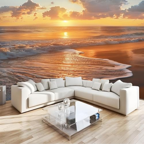 Fotomural océano puesta de sol playa Fotomural Pared, 250x175 cm Papel Pintado 3D, Fotomurales Decoración de Comedores Moderna Lana Sala Cuarto Salón