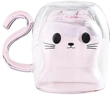 350ml Tazas de Café de Cristal,Gato Tazas de Café de Cristal,Vasos de Doble Pared con Asa,Tazas de Té de Vidrio Borosilicato, Tazas de café Transparentes para Espresso,Capuchino, Café con Leche, té
