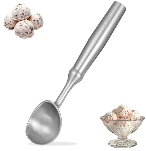 Ice Cream Scoop Stainless Steel 7.68 inches Metal Scooper Spoon Nonstick Anti-Freeze One Piece Icecream Scoop, Heavy Duty Durable Design, Easy Clean, for Gelato, Cookie Dough, Sorbet, Almond (Silver)