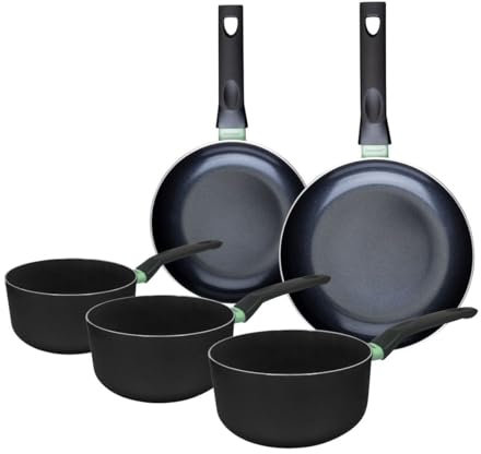 Fackelmann 9430650 Ensemble de 2 poêles de 20 et 24 cm et 3 casseroles 16, 18 et 20 cm, revêtement céramique antiadhésif, sans PFAS, tous feux, induction, four, Aluminium, Noir, Vert, 16, 18 et 20 cm