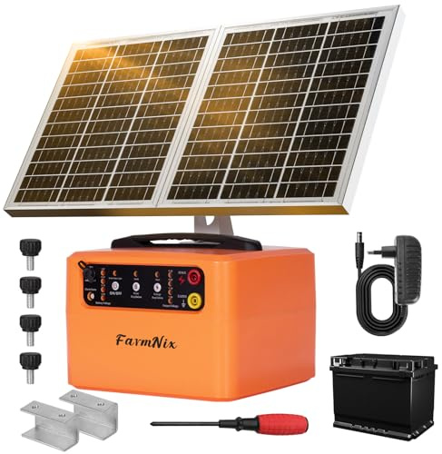 48 KM Clôture Électrique Solaire, 0,3 J–1,5 J, 6 KV–12 KV Réglable ClôTure ÉLectrique Pour Animaux avec Panneau Solaire 15 W, Batterie Plomb-Acide 12 V 7 Ah Intégrée, Adapté aux Bovins , aux Fermes