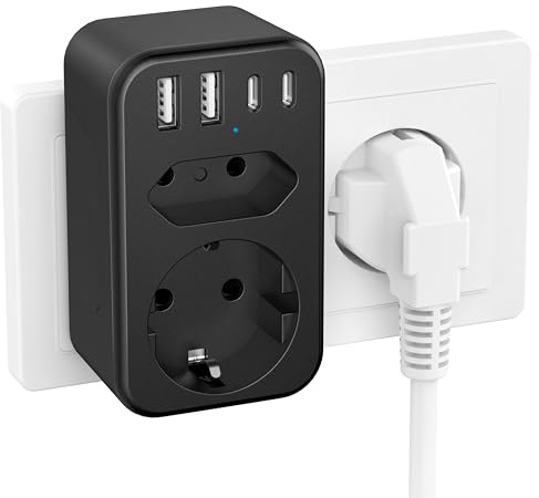 JSVER Ladron Enchufes con USB C,Regleta Enchufes 6-en-1 con 2 Tomas (3680 W, 16 A) y 4 Puertos USB, Adaptador Multienchufe Regleta Pared para iPhone, iPad y tabletas (Negro)