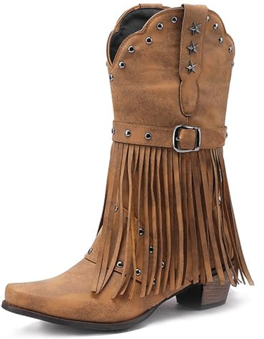 Donne Tacco Blocco Stivali Western Cowboy Marrone con Frangia Stella Borchiata Cinturino Fibbia Mid Calf per Ballo Linea,Marrone,38 EU