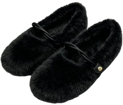 Varma fluffiga Mary Jane-platta för kvinnor minnesskum, Svart, 37 EU | Ballerina tofflor bred passform slip-on rund tå halkfria mjuka bekväma vinterhus skor inomhus klänning