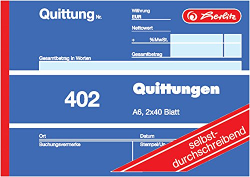 Herlitz Quittungsblock 402, selbstdurchschreibend, A6 quer, 2 x 40 Blatt, Quittung 402