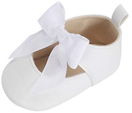 Baby Girls Bowknot Mary Jane Flats Rubber Sole Infant Toddler Walking Shoes Moccasinss Wedding Dress Shoes, White 3-6 Months