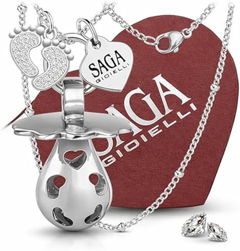 SAGA GIOIELLI® Collar llamador de ángeles bola mexicana chupete pies cristales, MODELLO, Acero inoxidable, No es una piedra preciosa