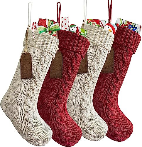 GUDELAK 46 cm Strick Weihnachtsstrümpfe 4-Pack, rote und weiße Weihnachtsstrümpfe mit Geschenkanhänger, rustikale personalisierte Weihnachtsstrümpfe zum Füllen von Kamin Weihnachtsdekorationen